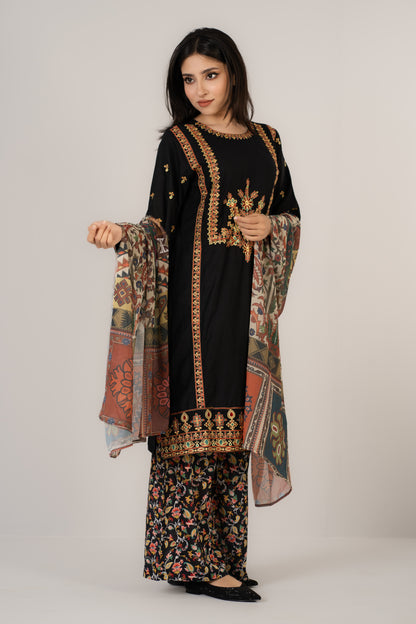 Elegant Black Floral Embroidered 3 Pcs Set