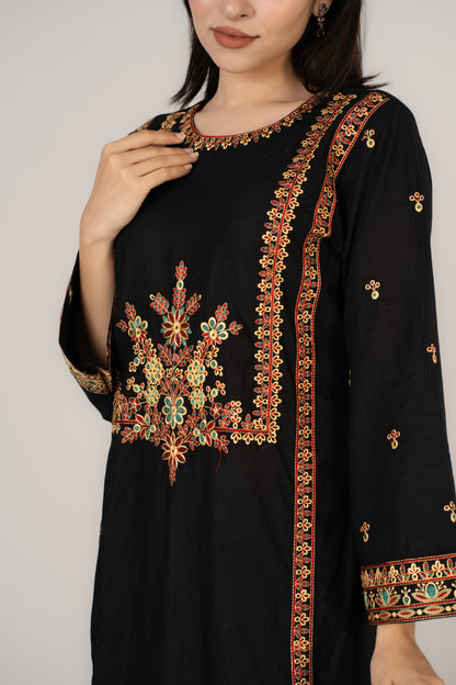 Elegant Black Floral Embroidered 3 Pcs Set