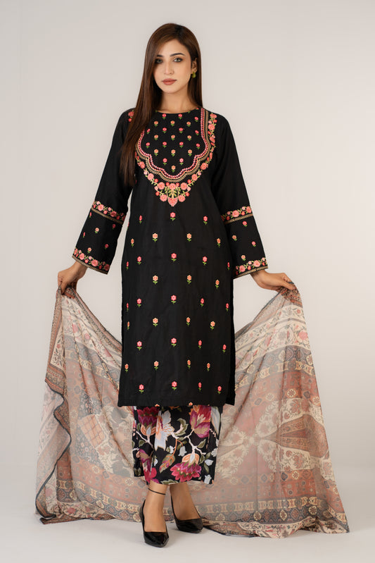 Elegant Black Floral Embroidered 3piece suit