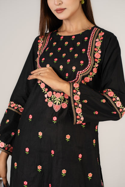 Elegant Black Floral Embroidered 3piece suit