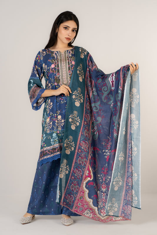 Classic Blue Floral Printed 3 Pcs Set