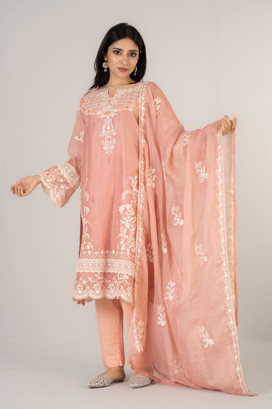 Peachy Pink Soft Organza 3 Pcs Set