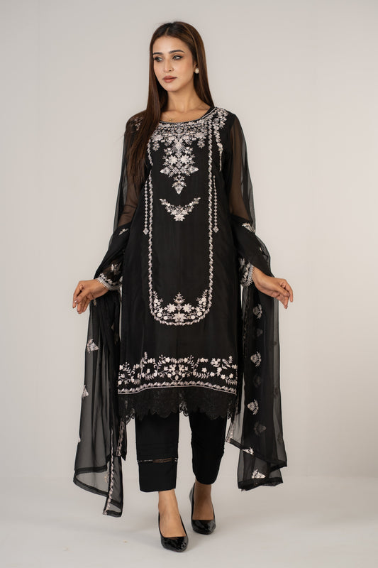 Black Soft Organza 3 Pcs Suit