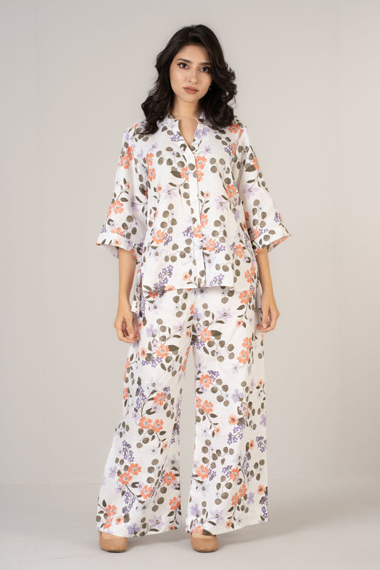 White Floral Premium Linen Co-ords Set