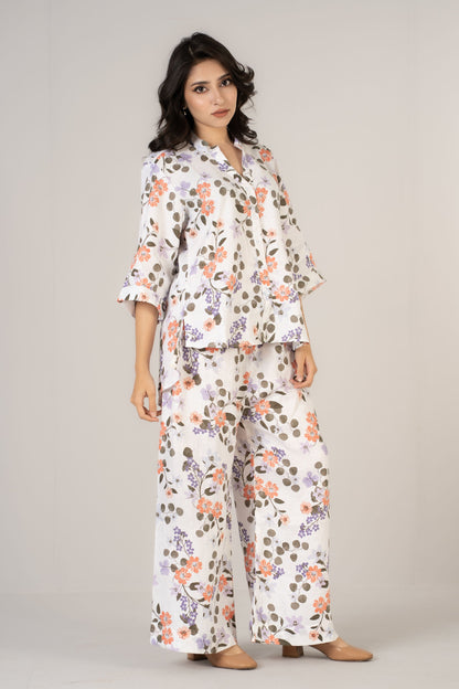 White Floral Premium Linen Co-ords Set