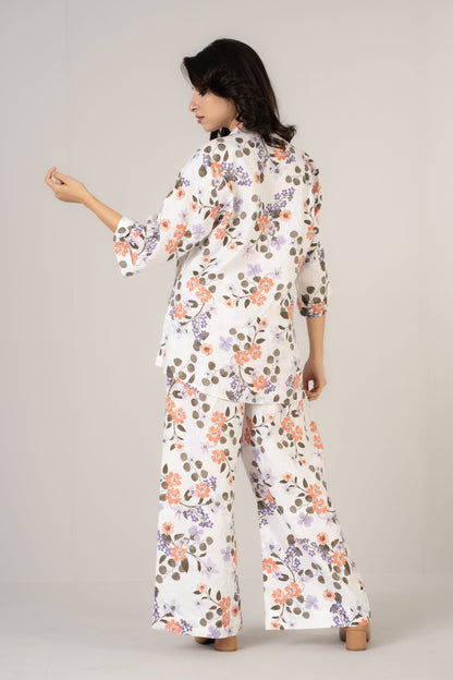 White Floral Premium Linen Co-ords Set