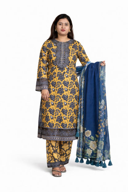 Mustard & Navy Embroidery Floral Printed Kurta 3 Piece with Dupatta