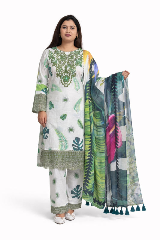 Off-white Botanical Printed Kurta Set with Embroidered Neck & Multicolor Dupatta