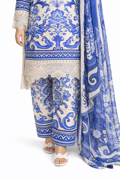 Royal Blue Floral Embroidery 3-Piece Lawn Set