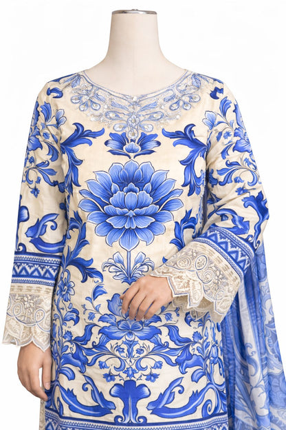 Royal Blue Floral Embroidery 3-Piece Lawn Set