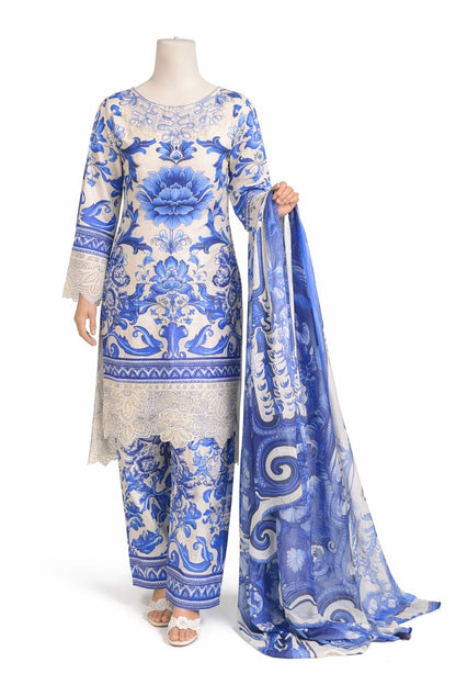 Royal Blue Floral Embroidery 3-Piece Lawn Set