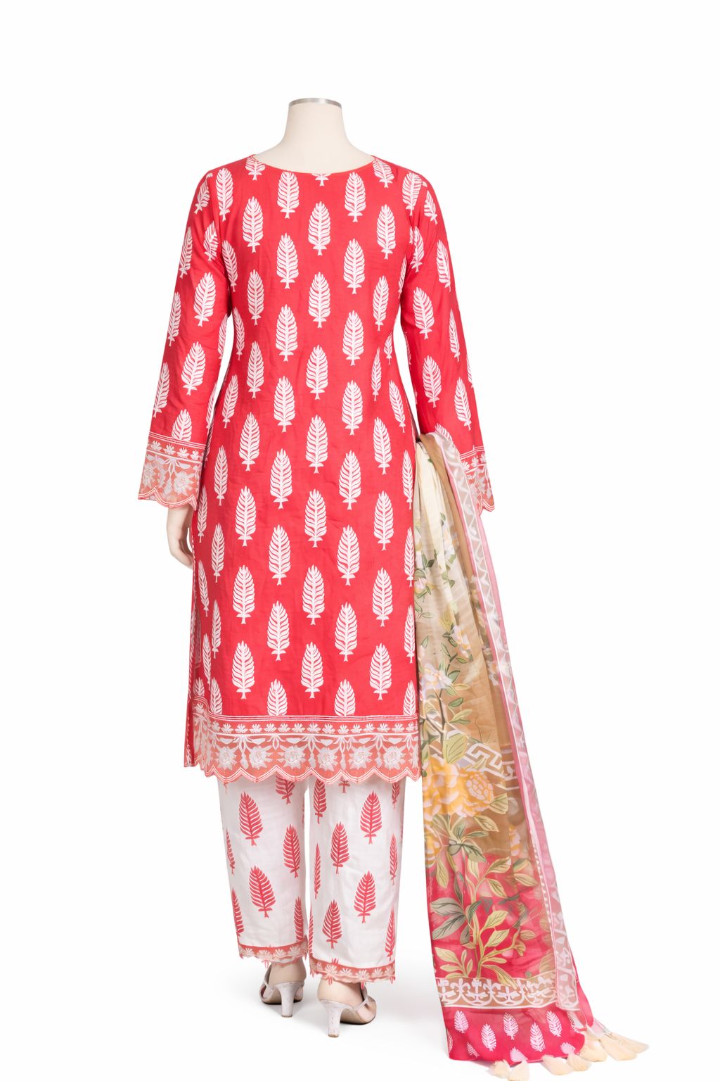 Coral Red Printed With Embordered 3-Piece Lawn Set