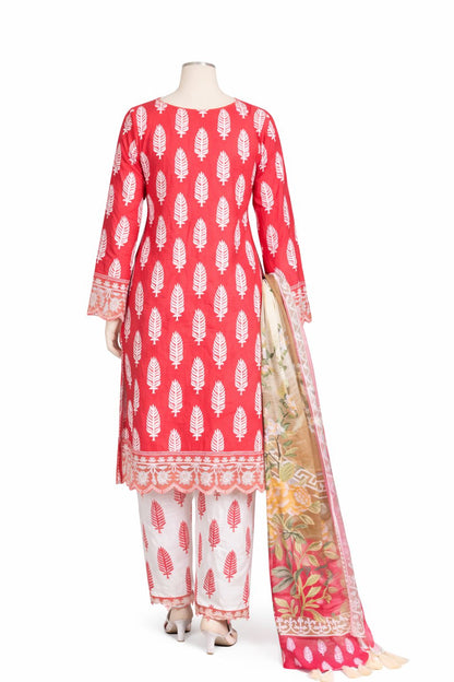 Coral Red Printed With Embordered 3-Piece Lawn Set