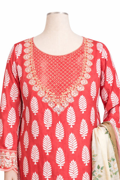 Coral Red Printed With Embordered 3-Piece Lawn Set