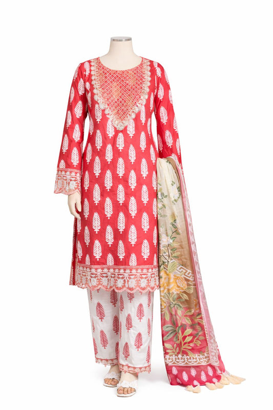 Coral Red Printed With Embordered 3-Piece Lawn Set