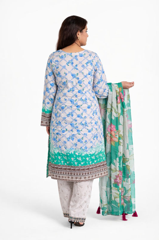 Mint Green & Sky Blue Floral Embroidered 3-Piece lawn Suit