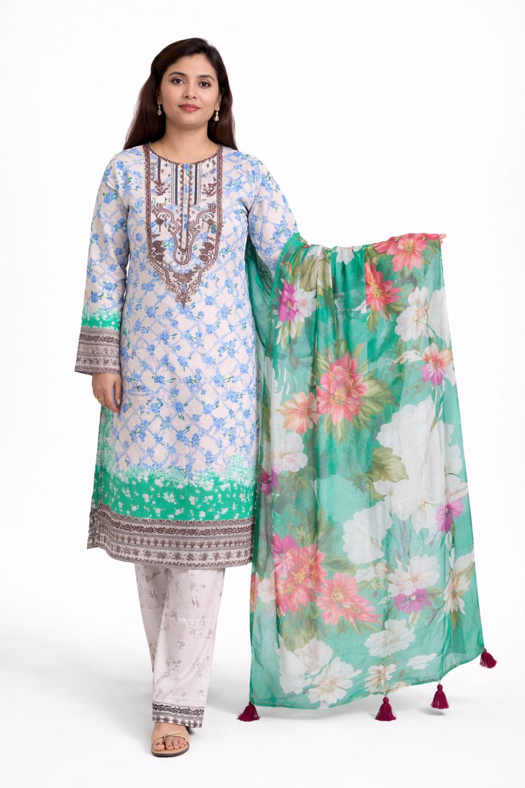 Mint Green & Sky Blue Floral Embroidered 3-Piece lawn Suit