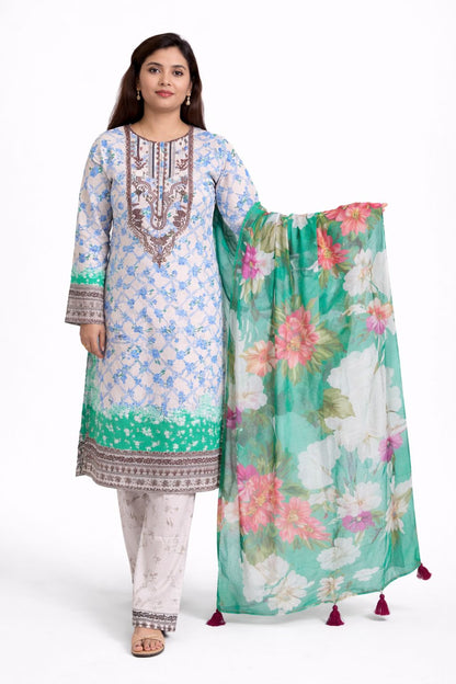 Mint Green & Sky Blue Floral Embroidered 3-Piece lawn Suit