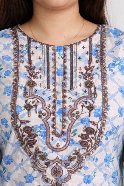 Mint Green & Sky Blue Floral Embroidered 3-Piece lawn Suit