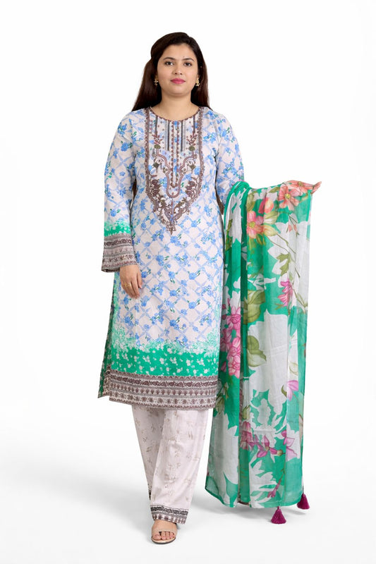 Mint Green & Sky Blue Floral Embroidered 3-Piece lawn Suit