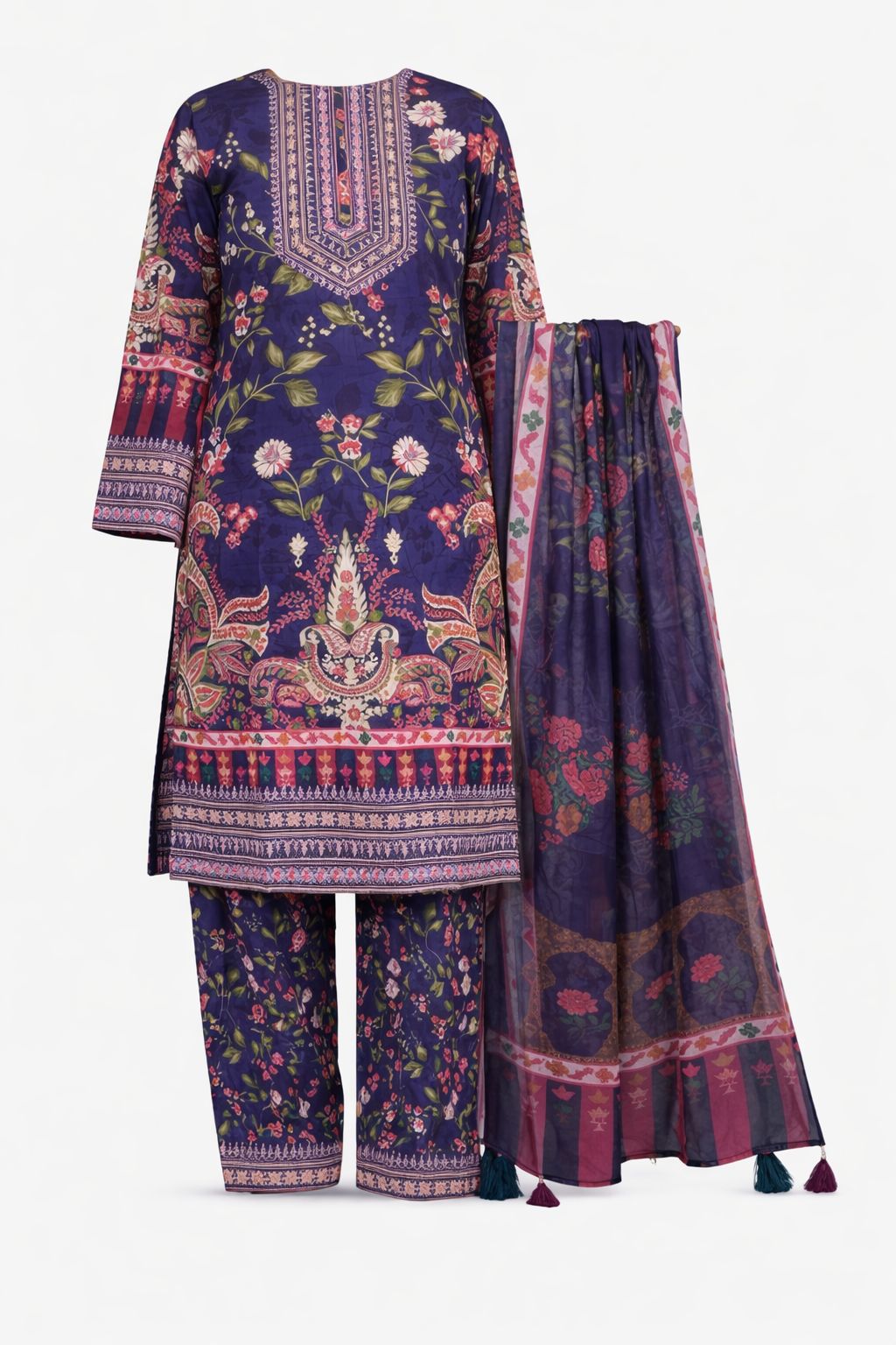 Royal Purple Floral Embroidered 3-Piece Lawn Suit