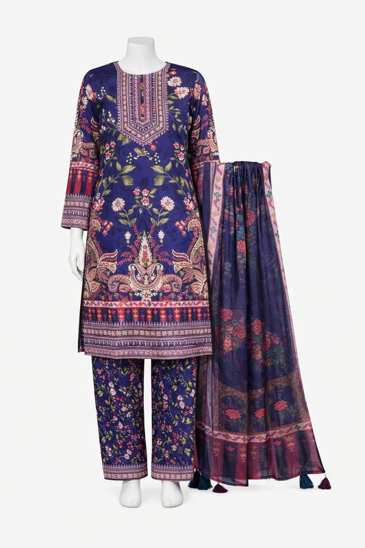 Royal Purple Floral Embroidered 3-Piece Lawn Suit