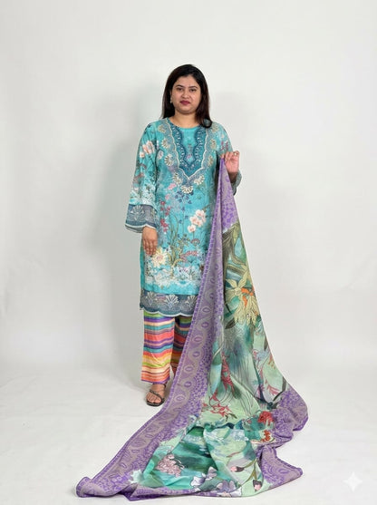 Teal Floral Embroidered 3-Piece Lawn Suit