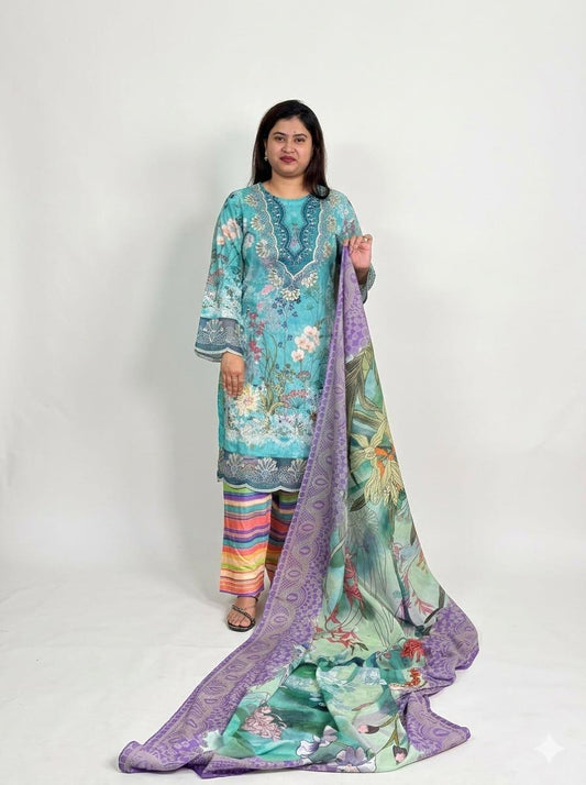 Teal Floral Embroidered 3-Piece Lawn Suit