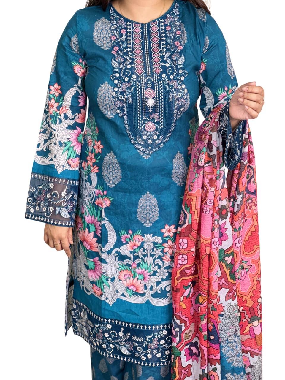 Teal Blue Embroidered Neck 3 Piece Salwar Kameez Set with Contrast Dupatta