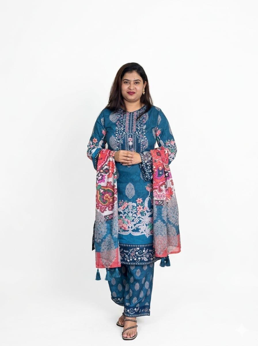Teal Blue Embroidered Neck 3 Piece Salwar Kameez Set with Contrast Dupatta