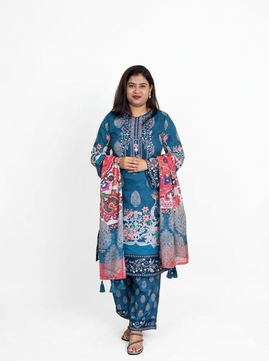 Teal Blue Embroidered Neck 3 Piece Salwar Kameez Set with Contrast Dupatta