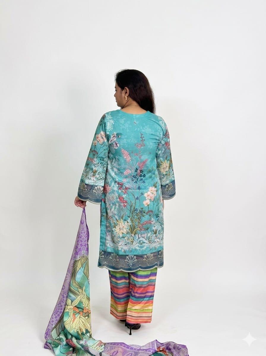 Teal Floral Embroidered 3-Piece Lawn Suit