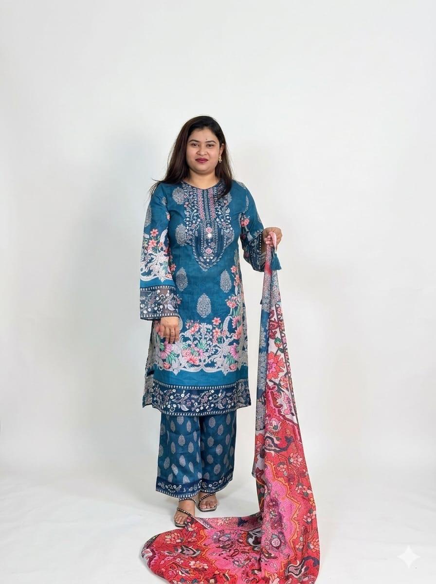 Teal Blue Embroidered Neck 3 Piece Salwar Kameez Set with Contrast Dupatta