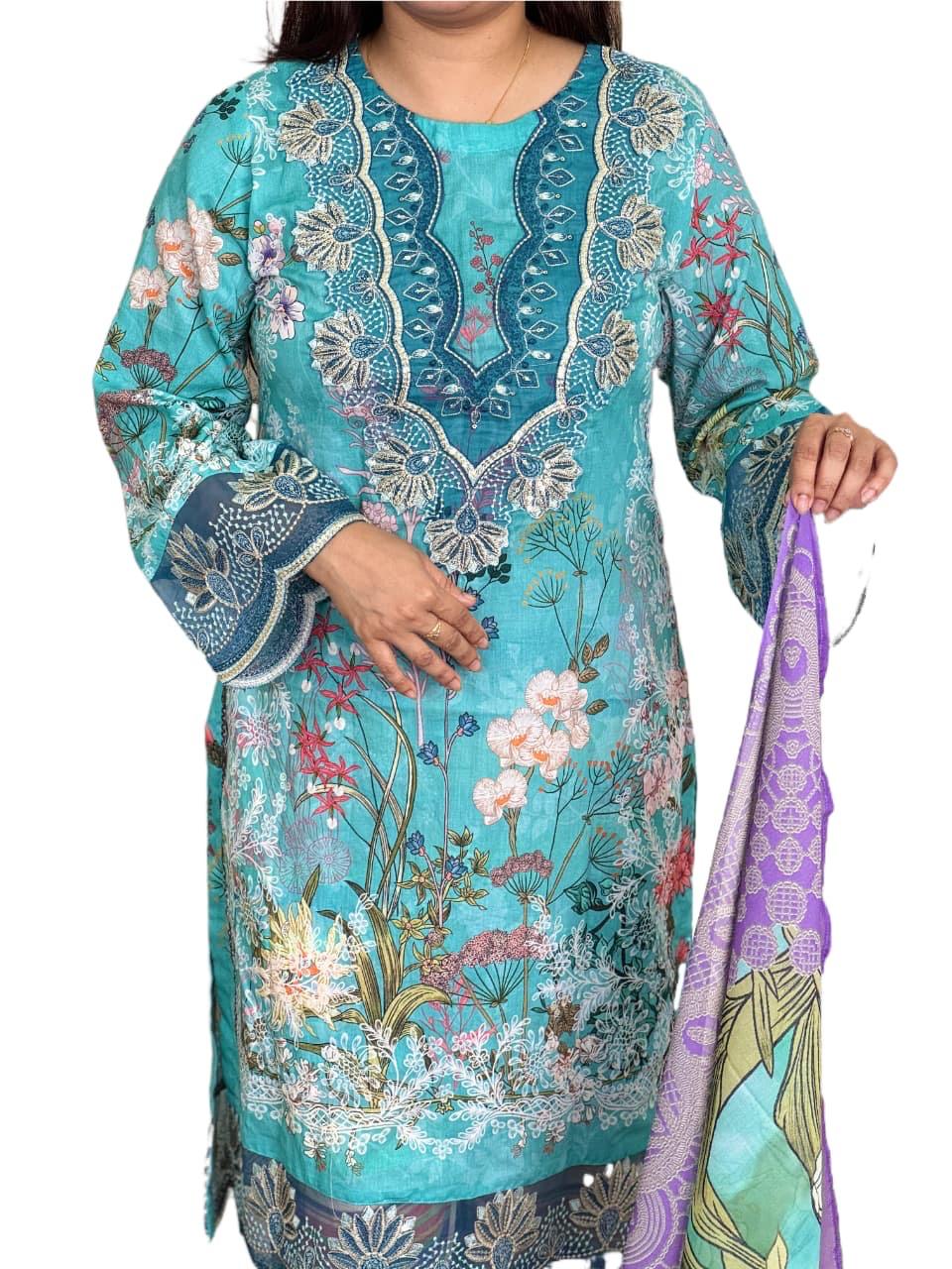 Teal Floral Embroidered 3-Piece Lawn Suit