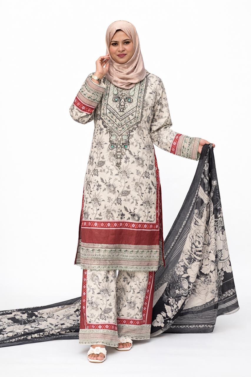 Embroidered Lawn 3-Piece Suit with Lawn Dupatta