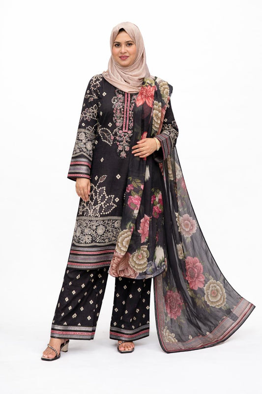 Black Printed & Embroidered Lawn 3 Piece Suit with Lawn Dupatta