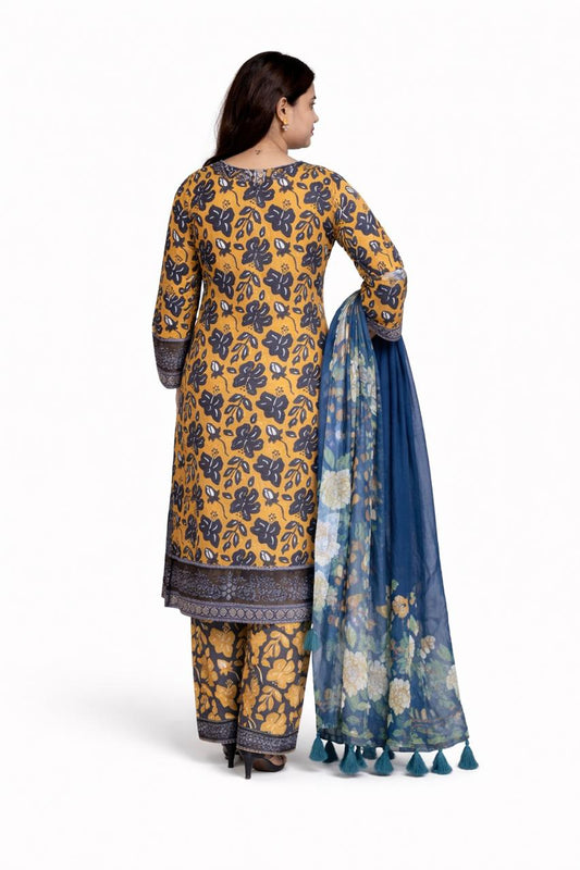 Mustard & Navy Embroidery Floral Printed Kurta 3 Piece with Dupatta