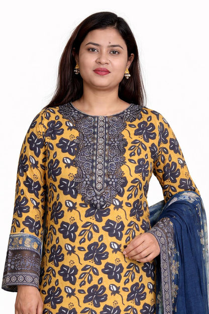 Mustard & Navy Embroidery Floral Printed Kurta 3 Piece with Dupatta