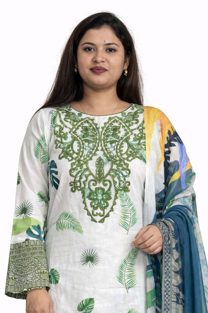 Off-white Botanical Printed Kurta Set with Embroidered Neck & Multicolor Dupatta