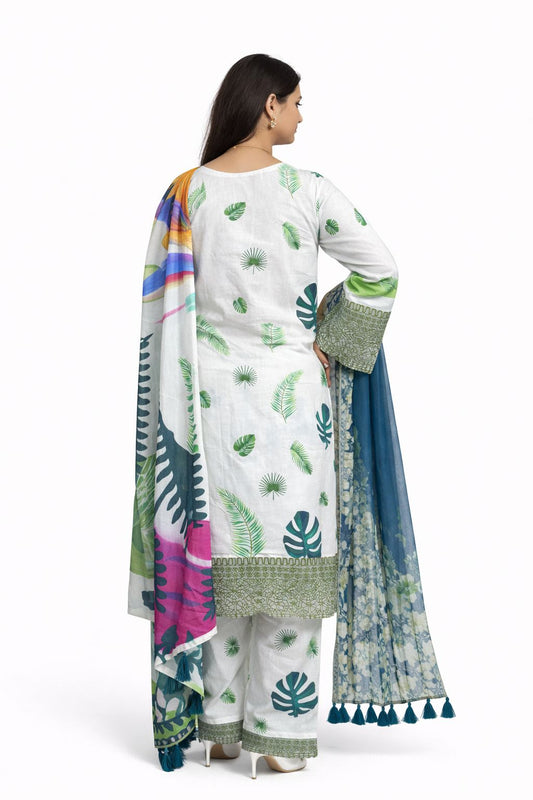 Off-white Botanical Printed Kurta Set with Embroidered Neck & Multicolor Dupatta