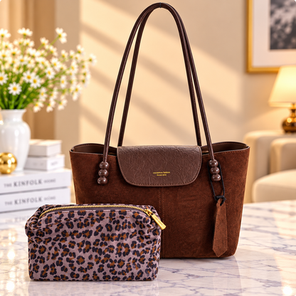 Premium Brown Tote Bag with Leopard Pouch
