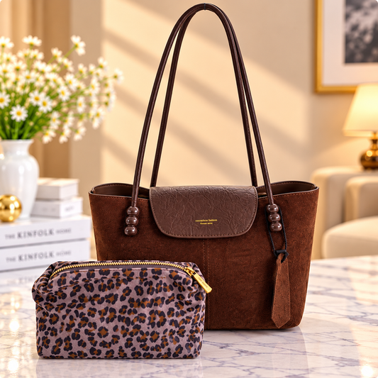 Premium Brown Tote Bag with Leopard Pouch