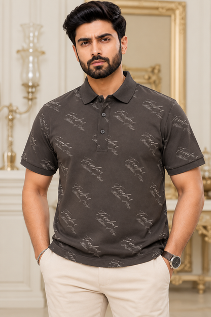 Premium Printed Polo Shirt – Charcoal