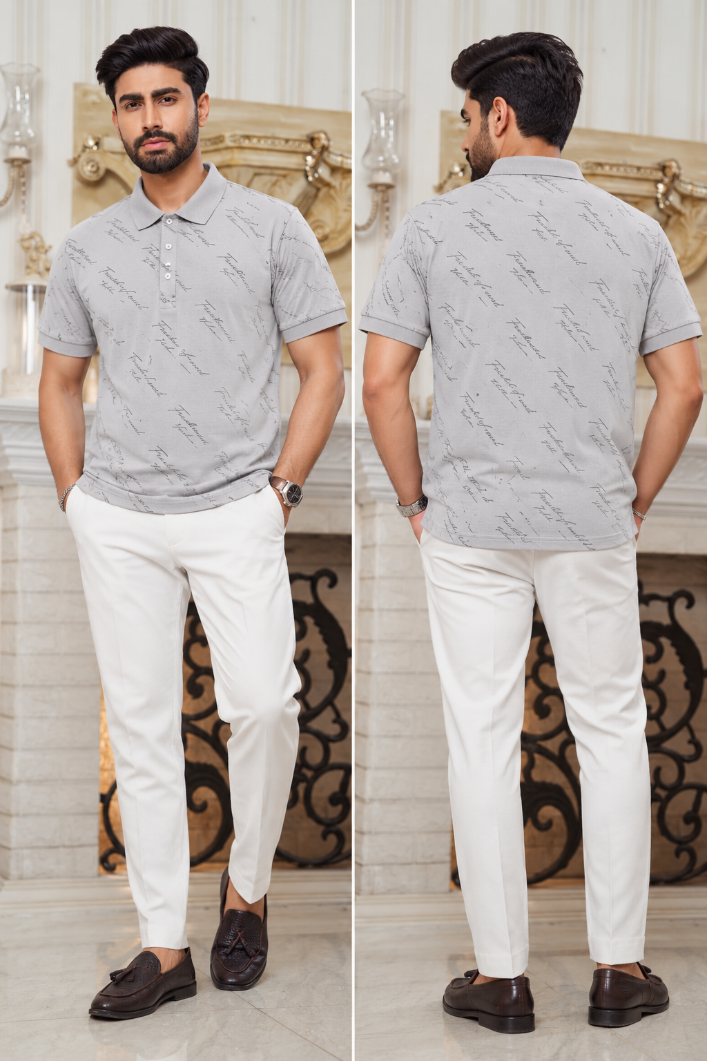 Premium Printed Polo Shirt – Light Grey