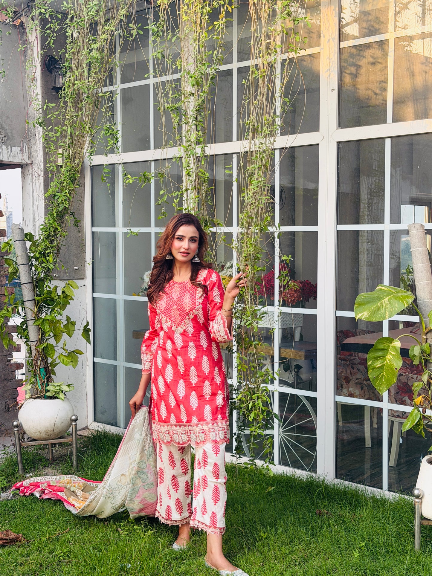 Coral Red Printed With Embordered 3-Piece Lawn Set