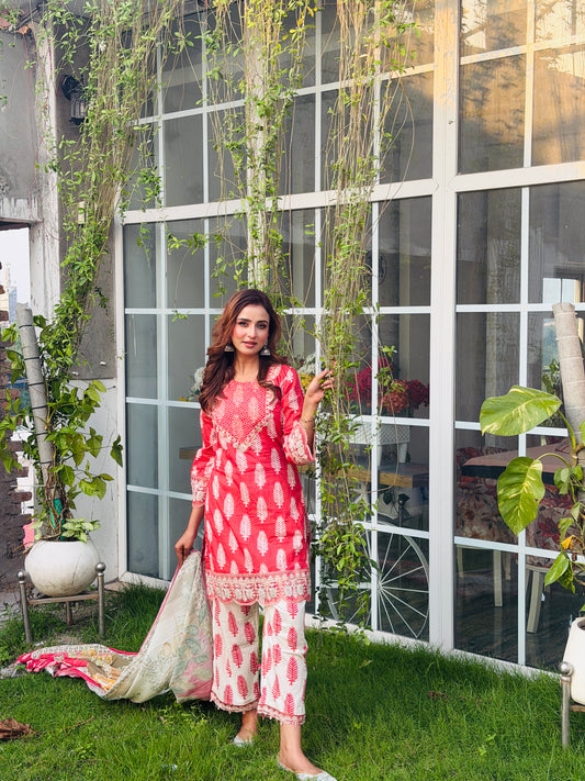 Coral Red Printed With Embordered 3-Piece Lawn Set