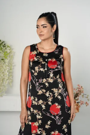 Rasheeda Glow – Full-Sleeve Royal Silk Long Dress with All-Over Artistic Print | BenBerg
