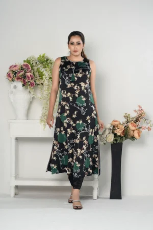 Rasheeda Glow – Full-Sleeve Royal Silk Long Dress with Signature All-Over Print | BenBerg
